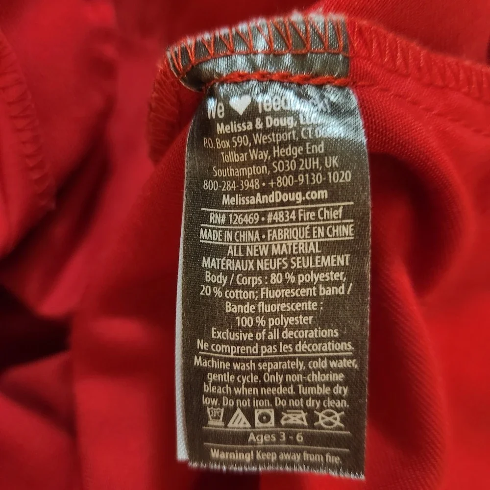 Melissa & Doug Fire Chief Costume Jacket Red Kids Ages 3-6 Reflective 4834